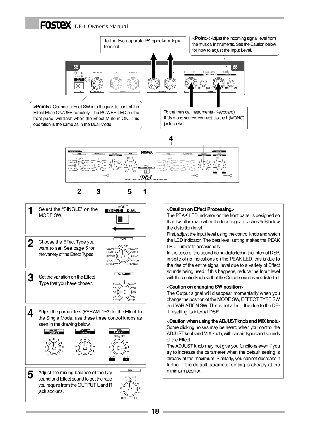 Fostex DE-1 Select the Single on, Want to set. See page 5 for, Type that you have chosen, Seen in the drawing below 