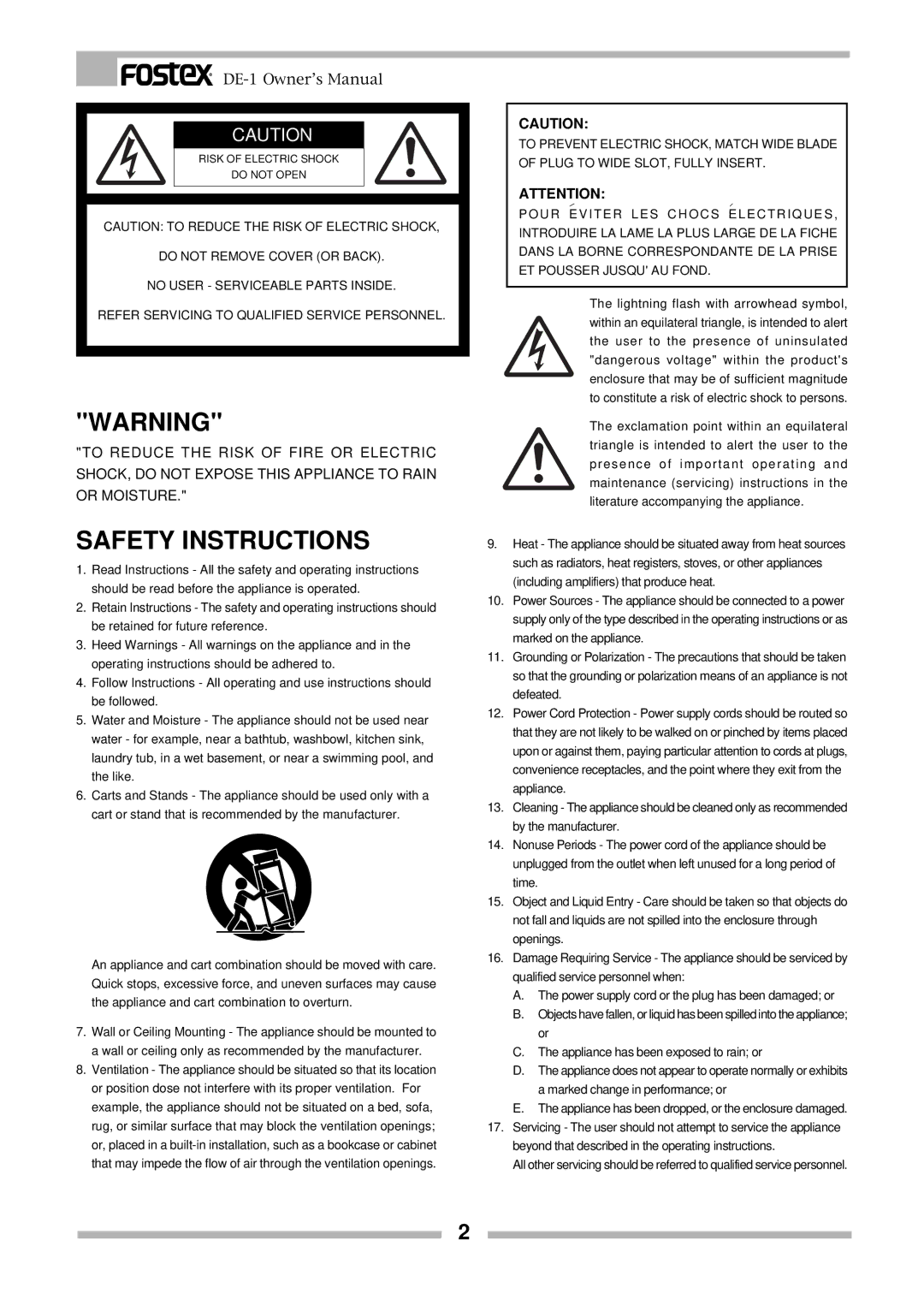 Fostex DE-1 owner manual Safety Instructions 