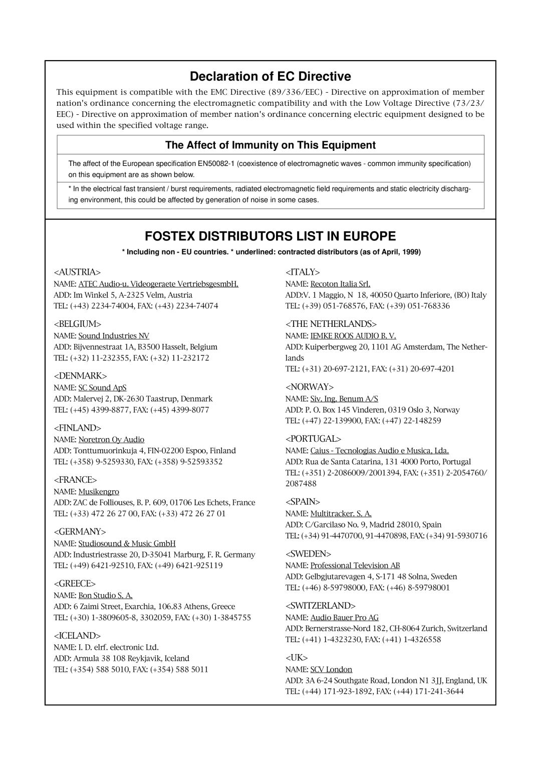 Fostex DE-1 owner manual Declaration of EC Directive, Fostex Distributors List in Europe 