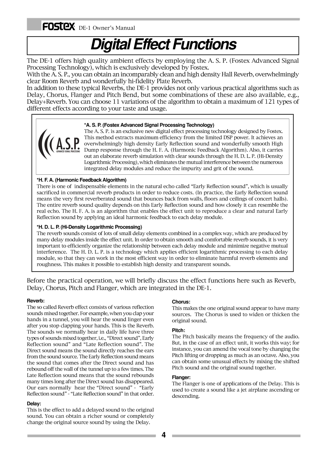 Fostex DE-1 owner manual Digital Effect Functions, P. Fostex Advanced Signal Processing Technology 