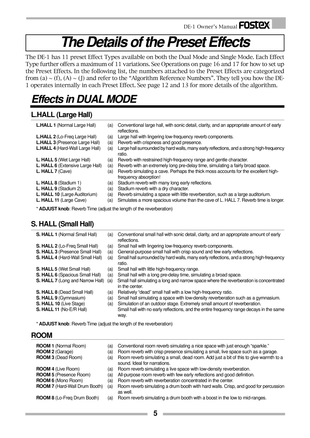 Fostex DE-1 owner manual Details of the Preset Effects, Hall Large Hall, Hall Small Hall, Room 