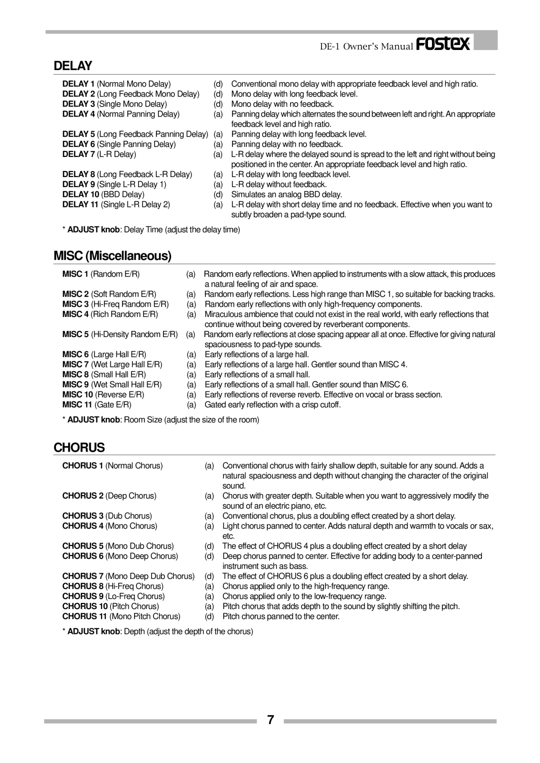 Fostex DE-1 owner manual Delay, Misc Miscellaneous, Chorus 