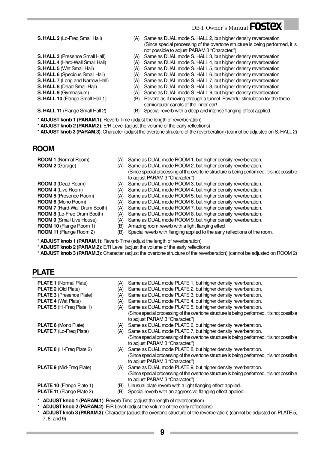 Fostex DE-1 owner manual Room, To adjust PARAM.3 Character 