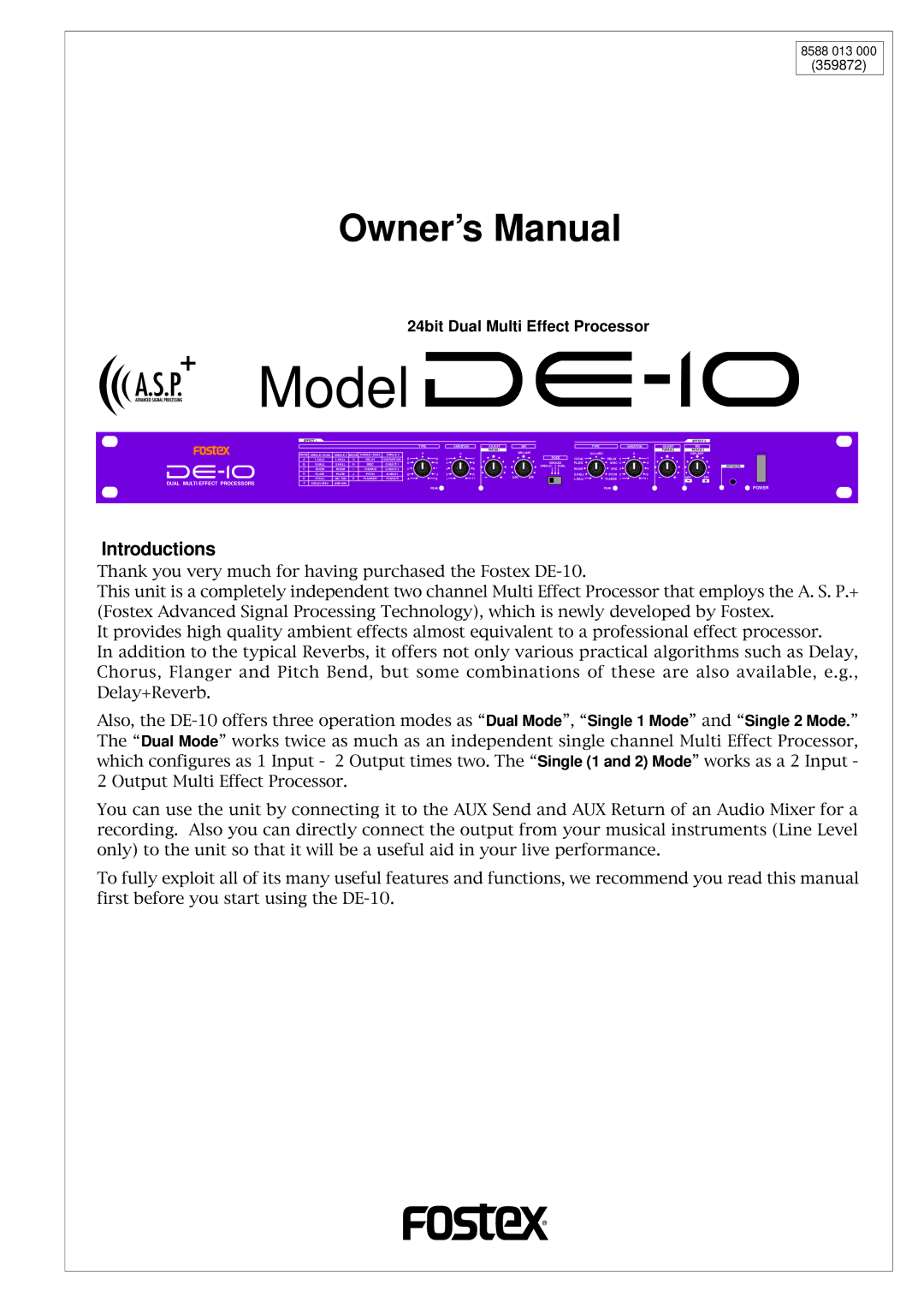 Fostex DE-10 owner manual 24bit Dual Multi Effect Processor, 8588 013 