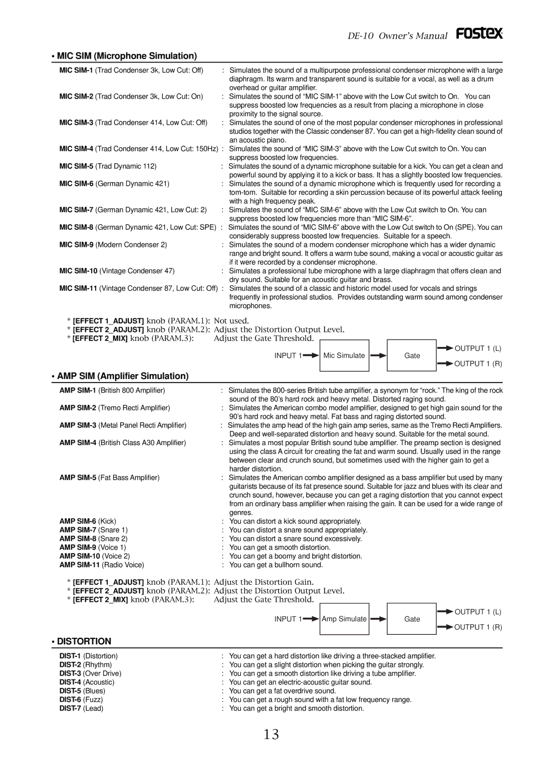 Fostex DE-10 owner manual MIC SIM Microphone Simulation, AMP SIM Amplifier Simulation, Distortion 