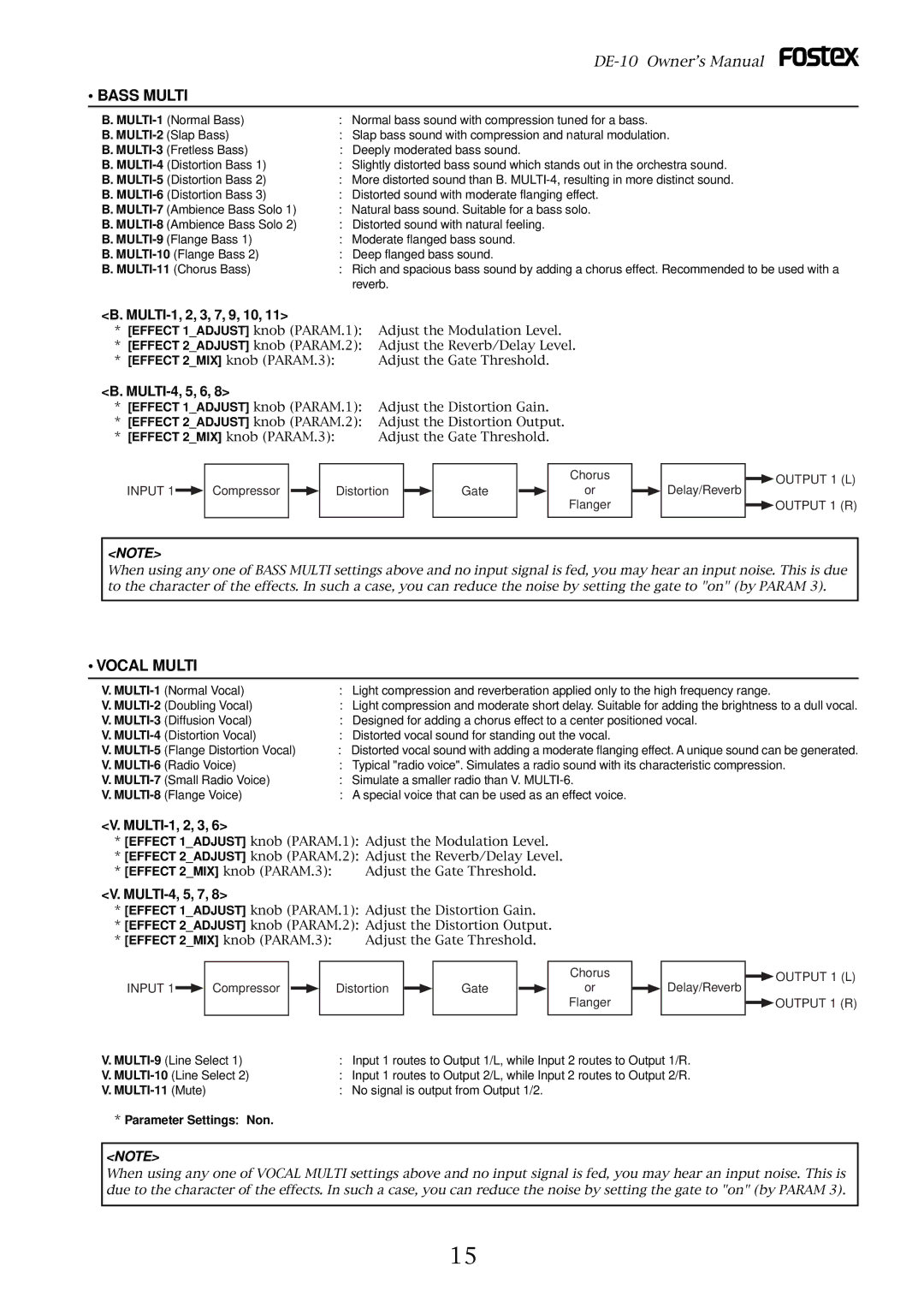 Fostex DE-10 owner manual Bass Multi, Vocal Multi 