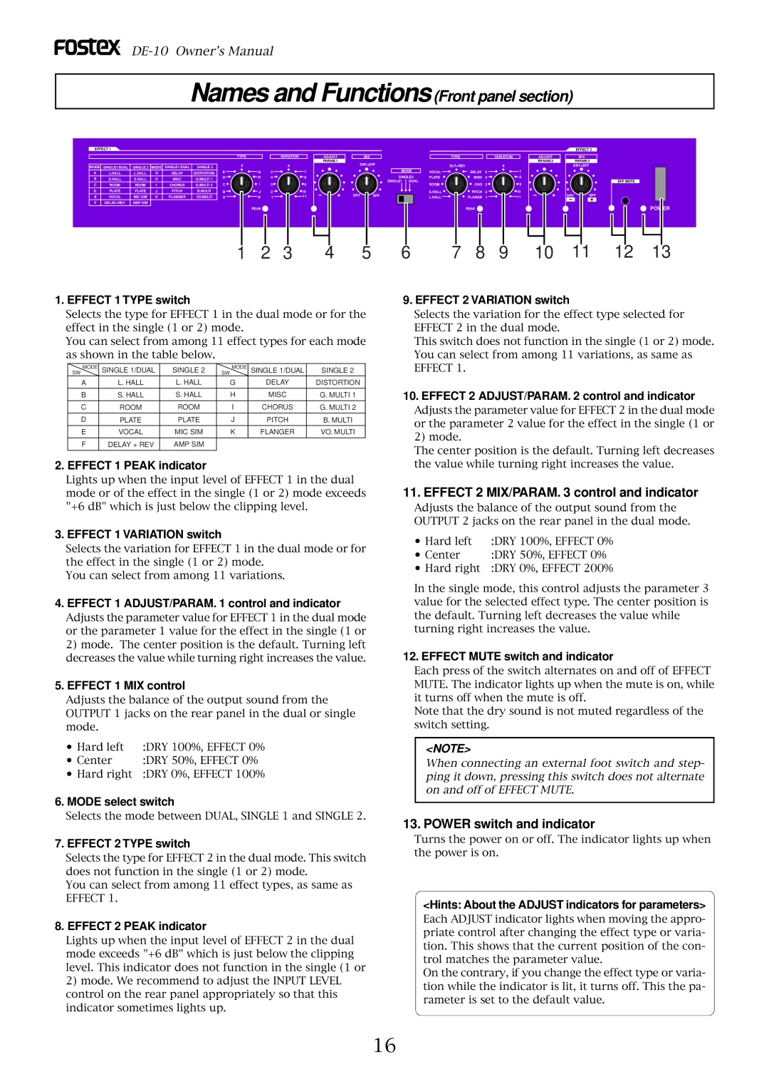Fostex DE-10 owner manual Effect 2 MIX/PARAM control and indicator, Power switch and indicator 