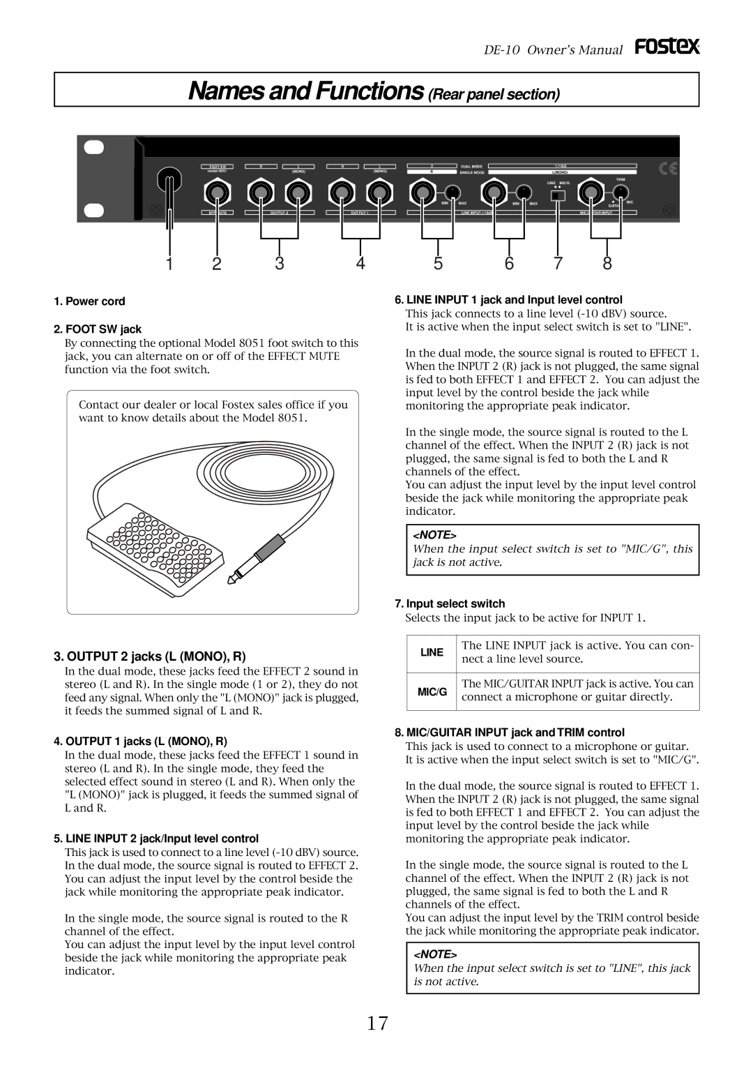 Fostex DE-10 owner manual Names and Functions Rear panel section, Output 2 jacks L MONO, R 