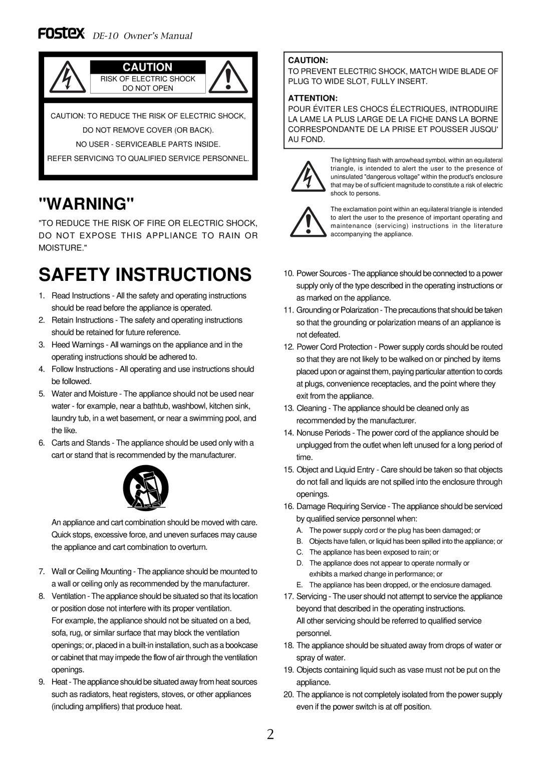 Fostex DE-10 owner manual Safety Instructions 