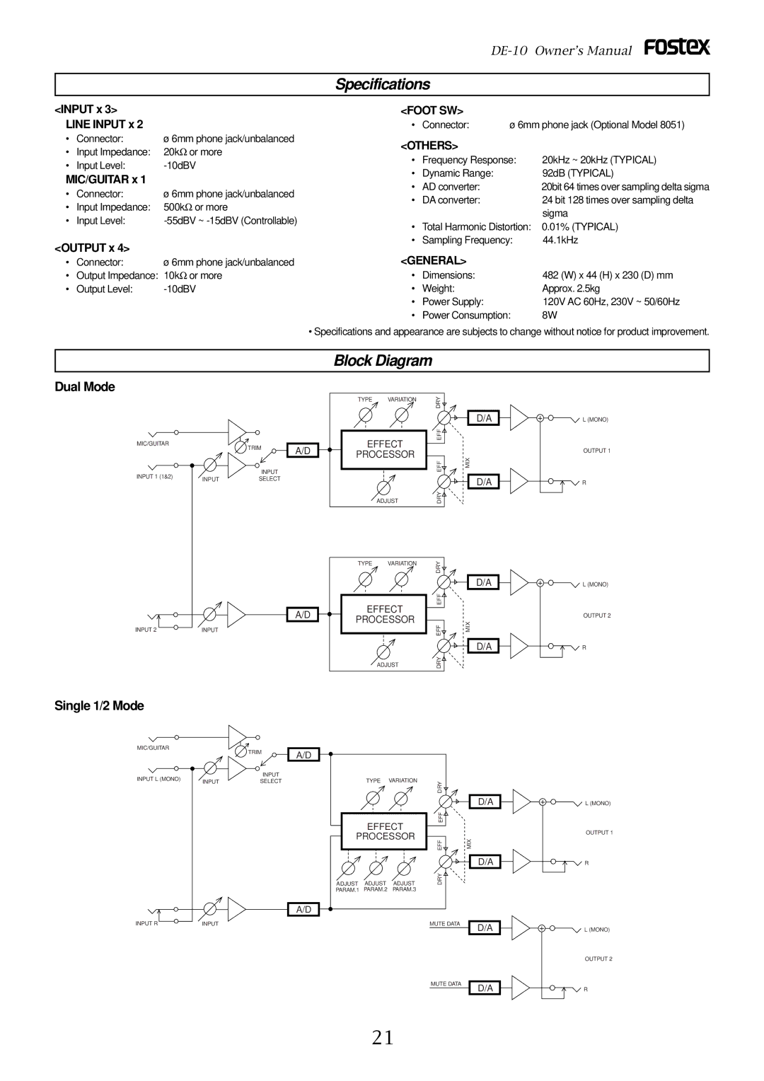 Fostex DE-10 owner manual Dual Mode, Single 1/2 Mode, Input x 3 Line Input x, MIC/GUITAR x, Output x 
