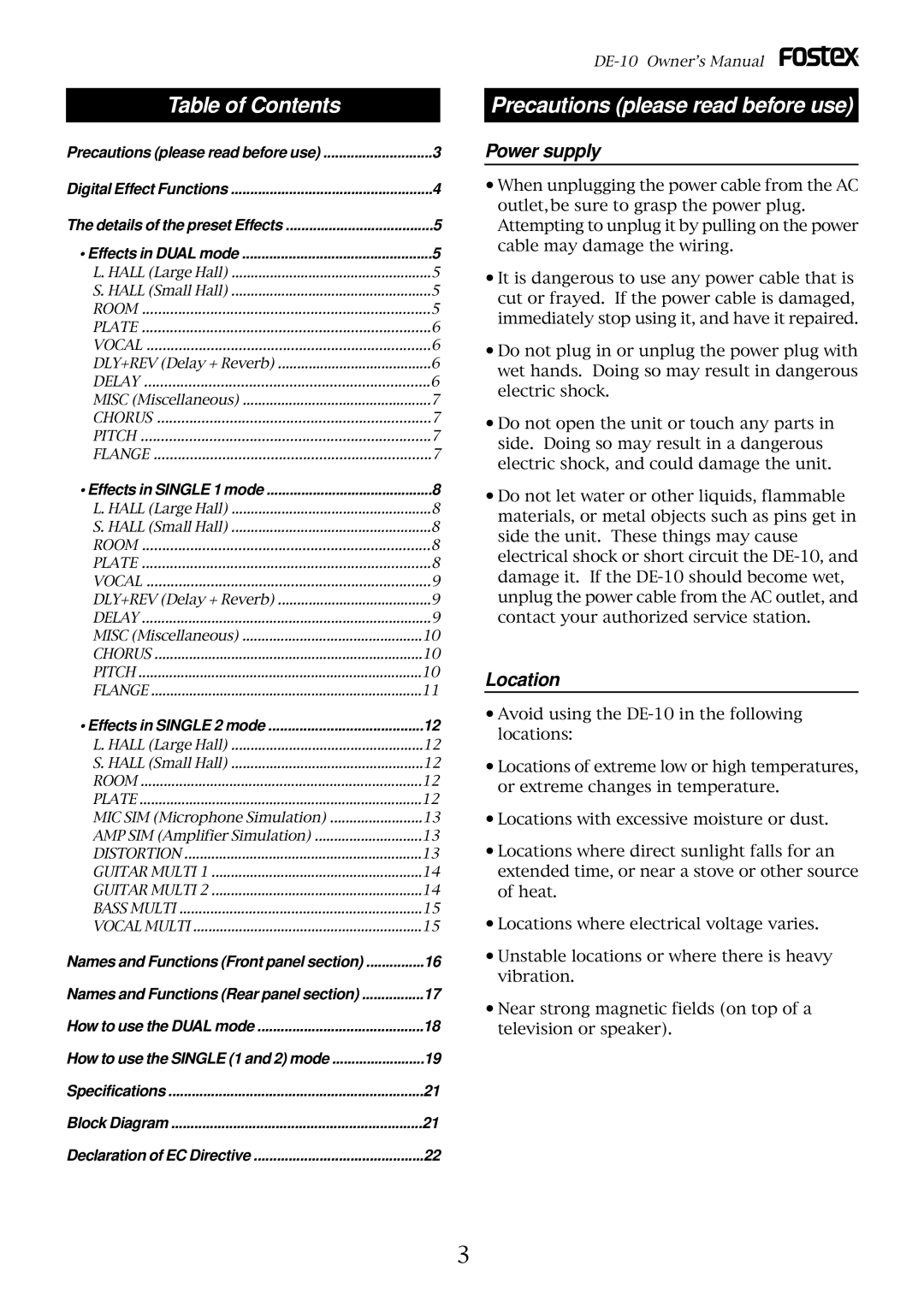 Fostex DE-10 owner manual Table of Contents 