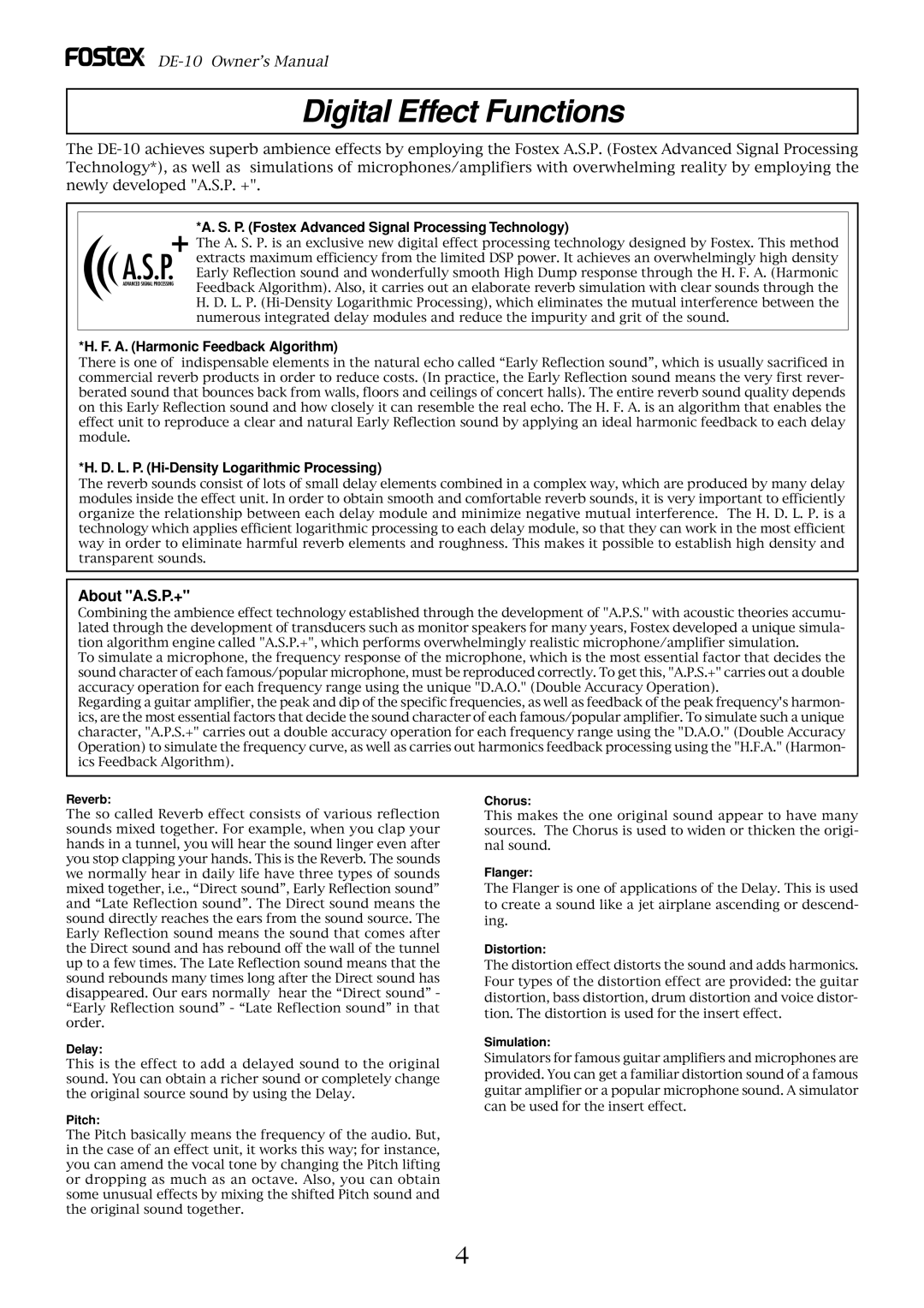 Fostex DE-10 owner manual Digital Effect Functions, About A.S.P.+, P. Fostex Advanced Signal Processing Technology 