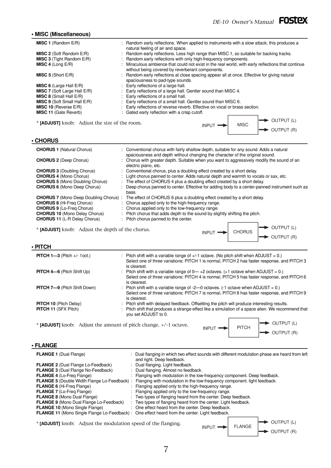 Fostex DE-10 owner manual Misc Miscellaneous, Chorus, Pitch, Flange 