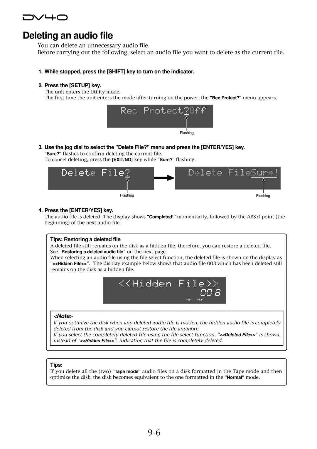 Fostex DV40 manual Deleting an audio file, Tips Restoring a deleted file 