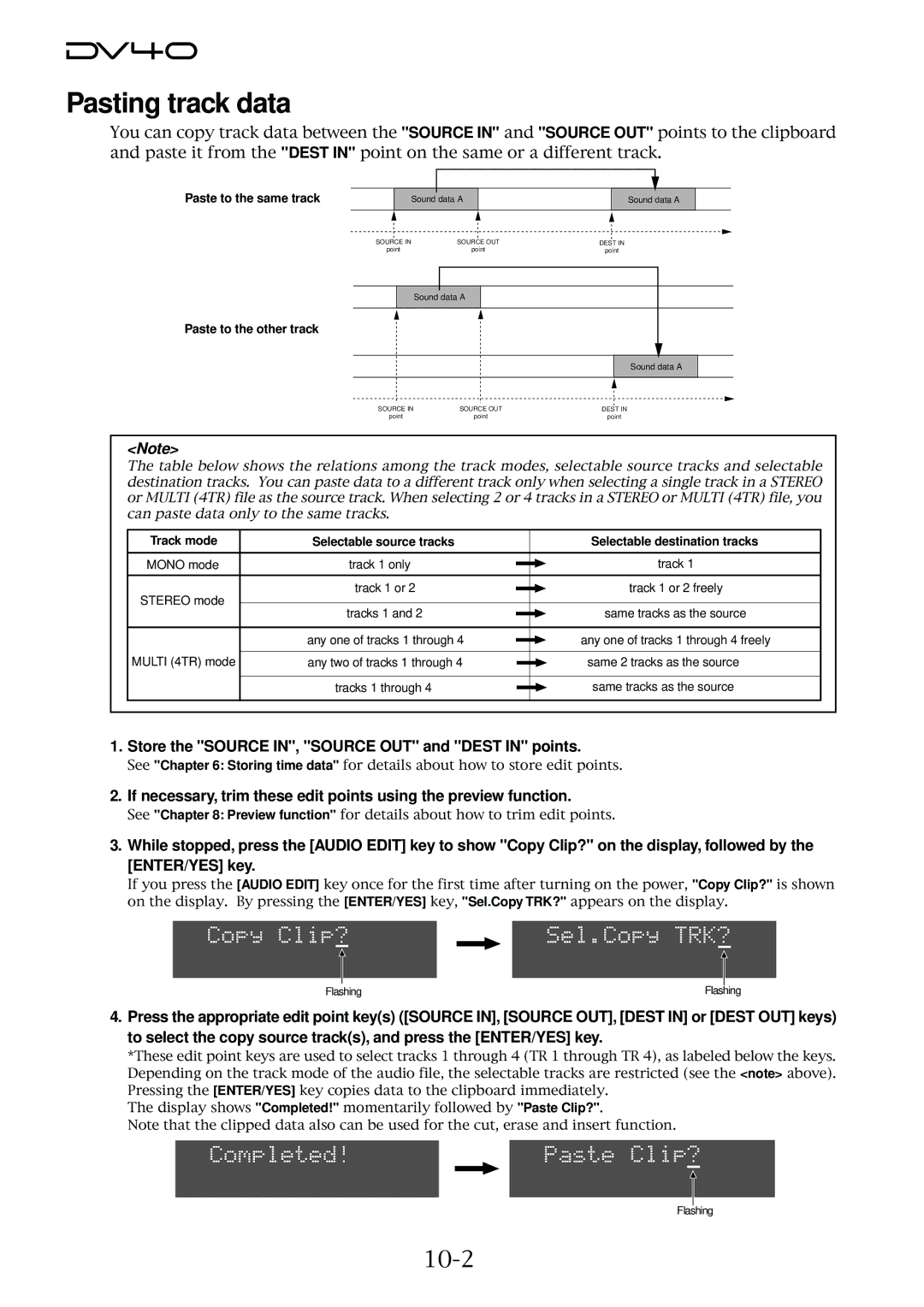 Fostex DV40 manual Pasting track data, 10-2, Store the Source IN, Source OUT and Dest in points 