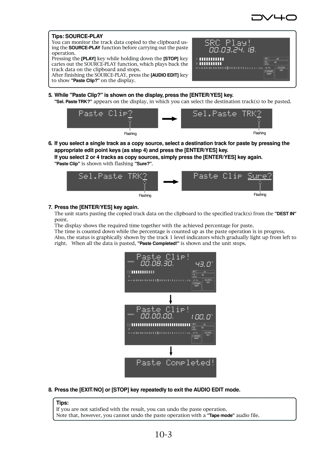 Fostex DV40 manual 10-3, Tips SOURCE-PLAY 