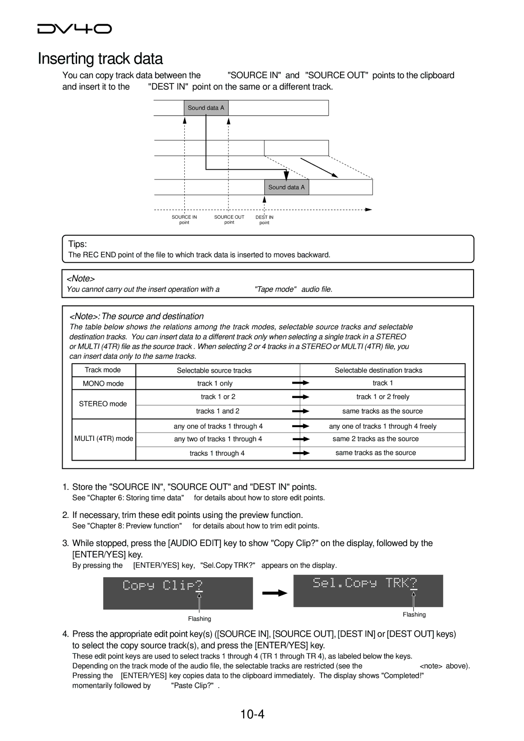 Fostex DV40 manual Inserting track data, 10-4 