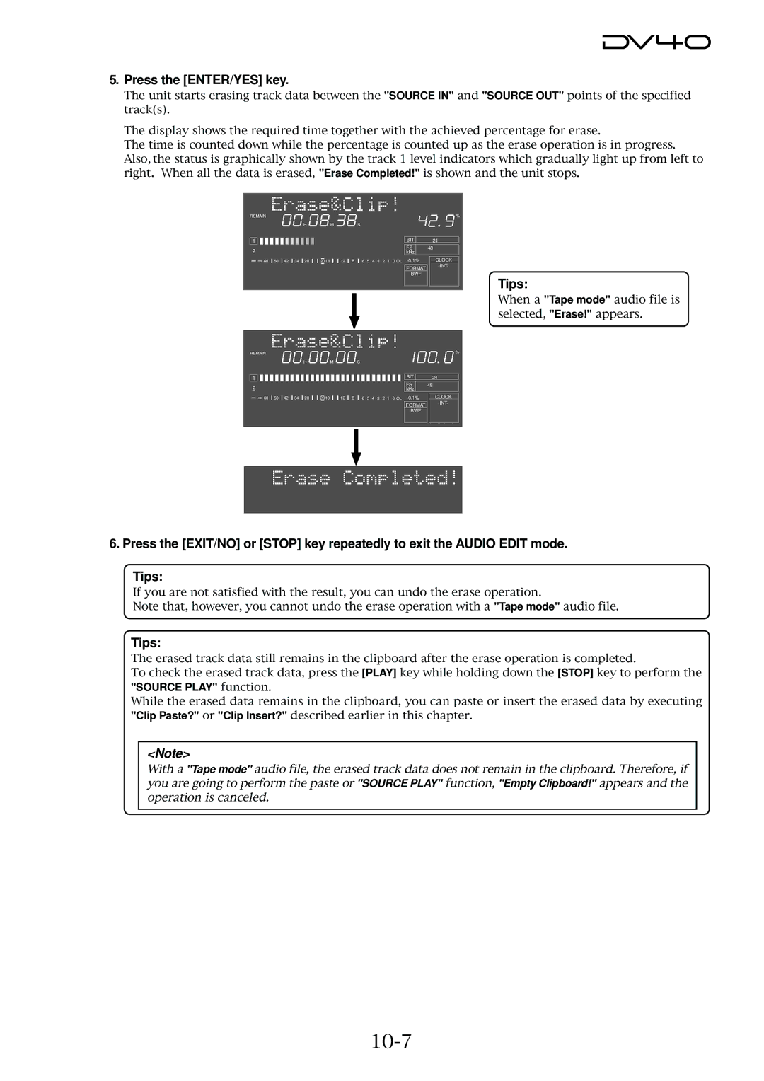 Fostex DV40 manual 10-7, Press the ENTER/YES key 