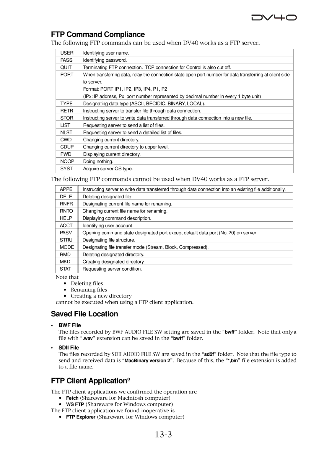 Fostex DV40 manual FTP Command Compliance, Saved File Location, FTP Client Applicationº, 13-3 