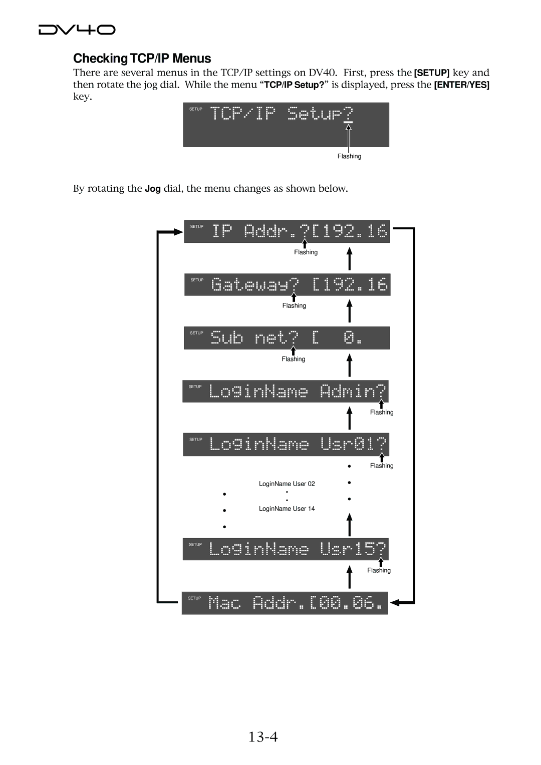 Fostex DV40 manual Checking TCP/IP Menus, 13-4 