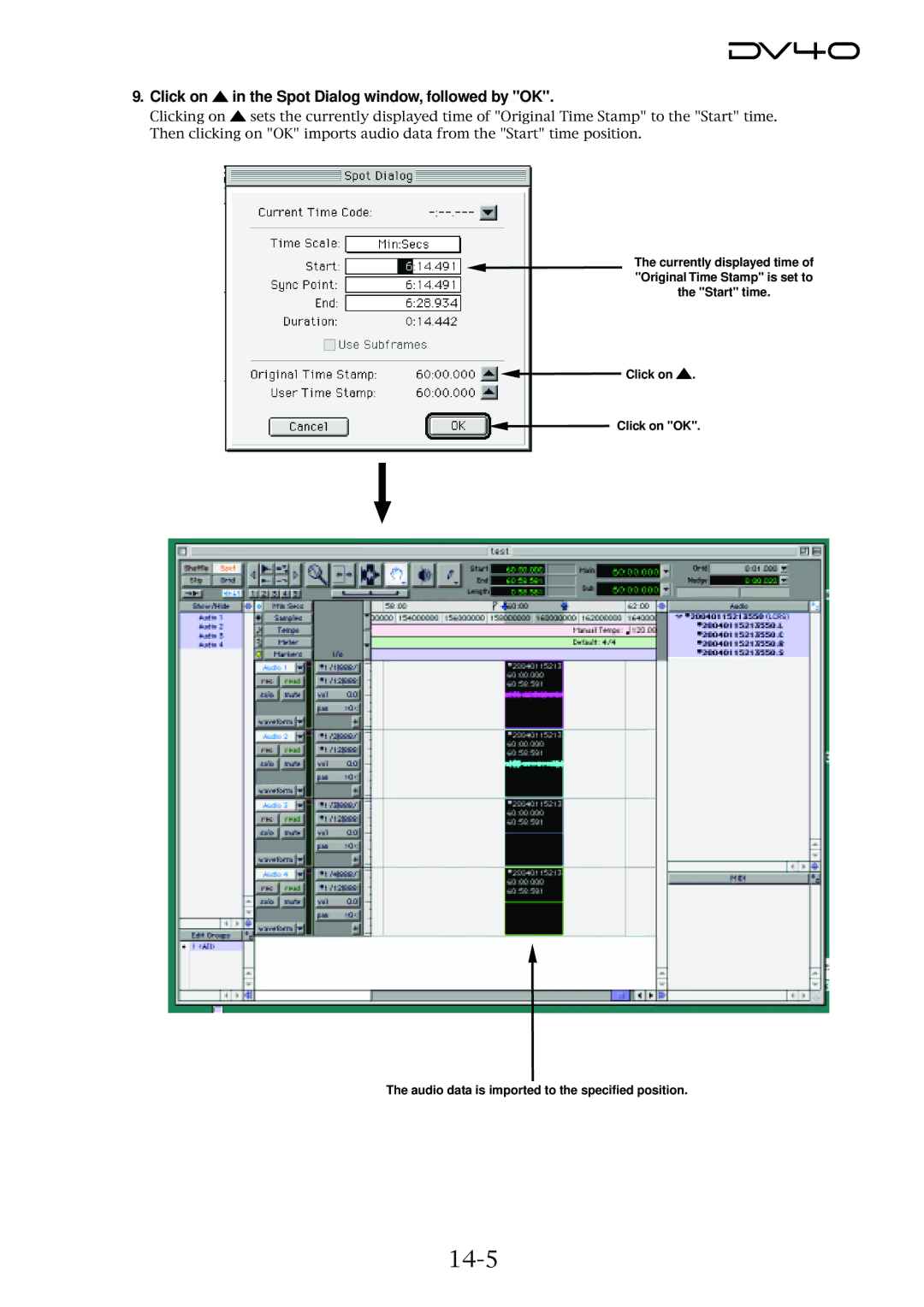 Fostex DV40 manual 14-5, Click on in the Spot Dialog window, followed by OK 