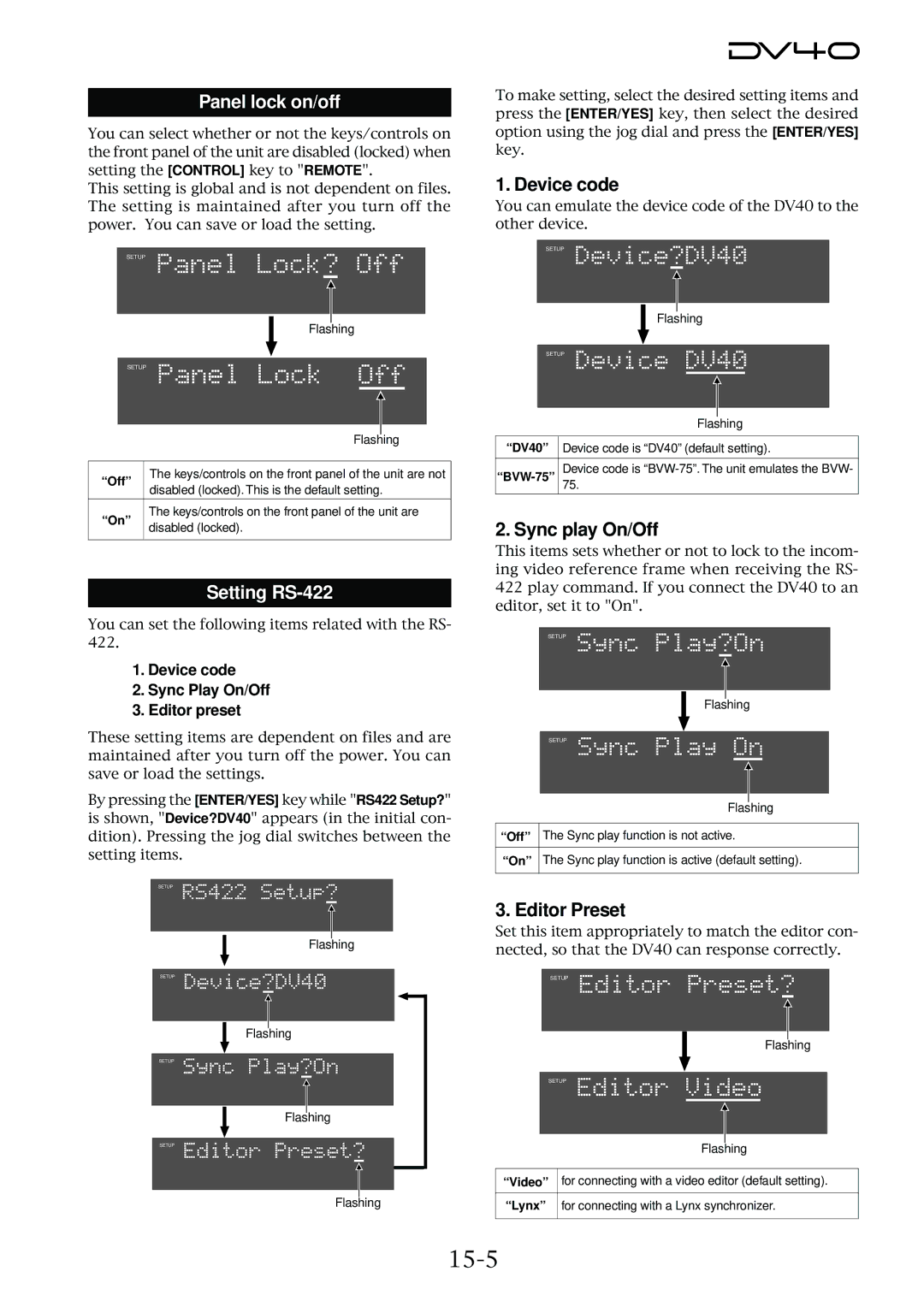 Fostex DV40 manual 15-5, Sync play On/Off, Editor Preset, Device code Sync Play On/Off Editor preset 