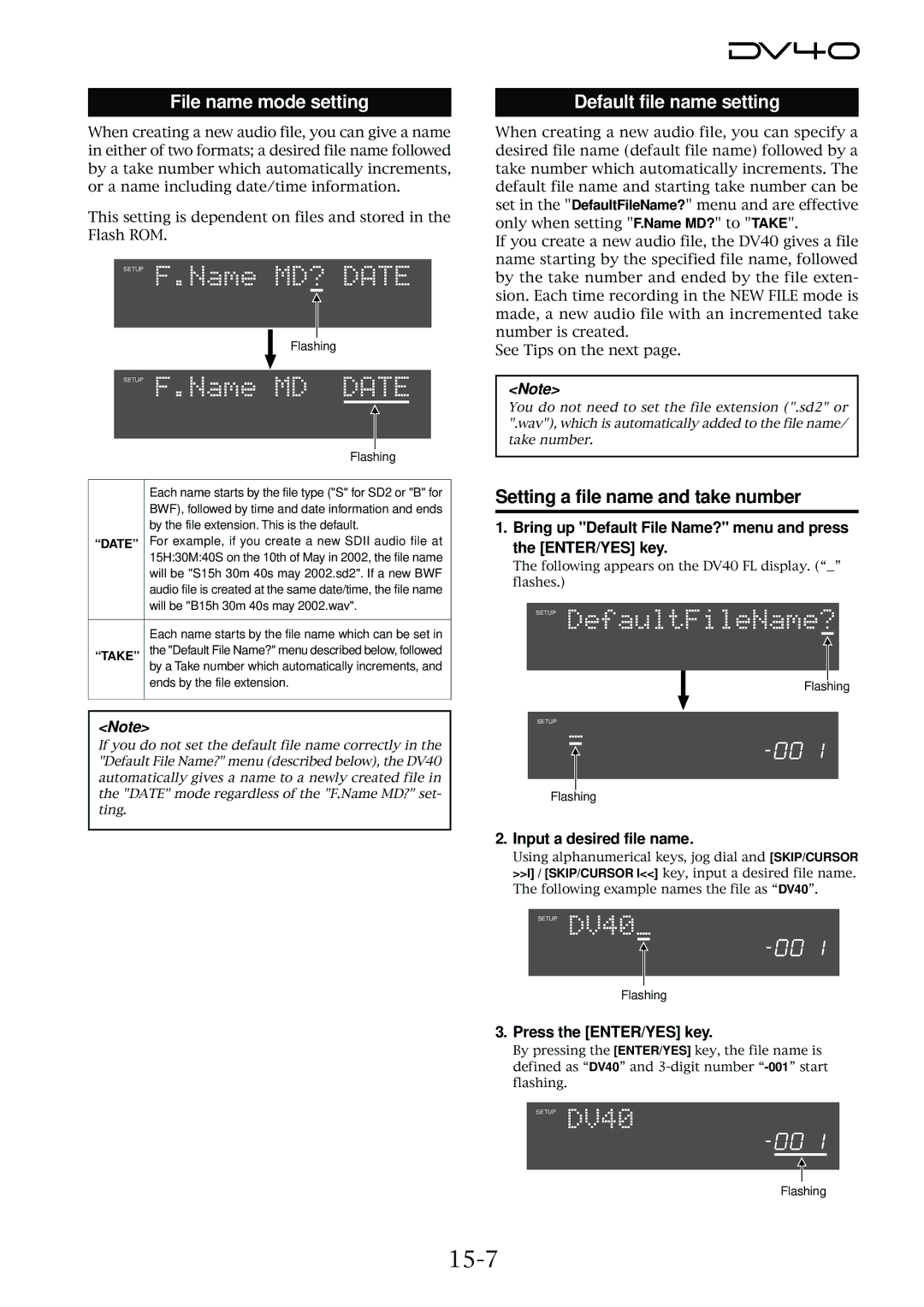 Fostex DV40 manual 15-7, Setting a file name and take number, Input a desired file name 