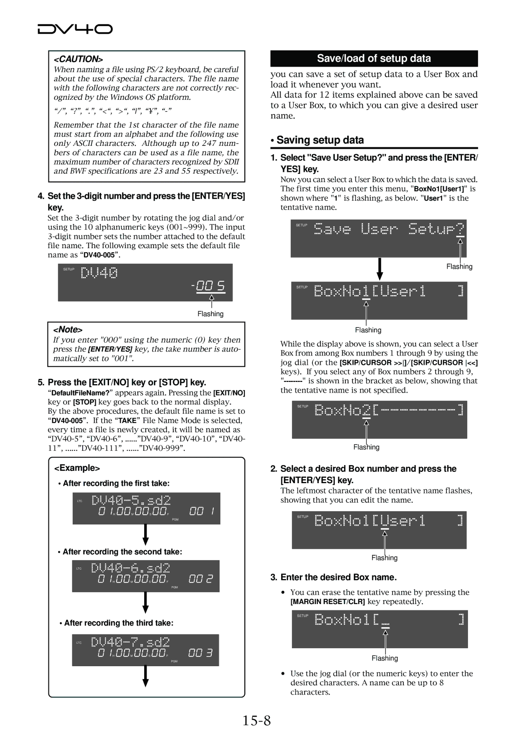 Fostex DV40 manual 15-8, Saving setup data 