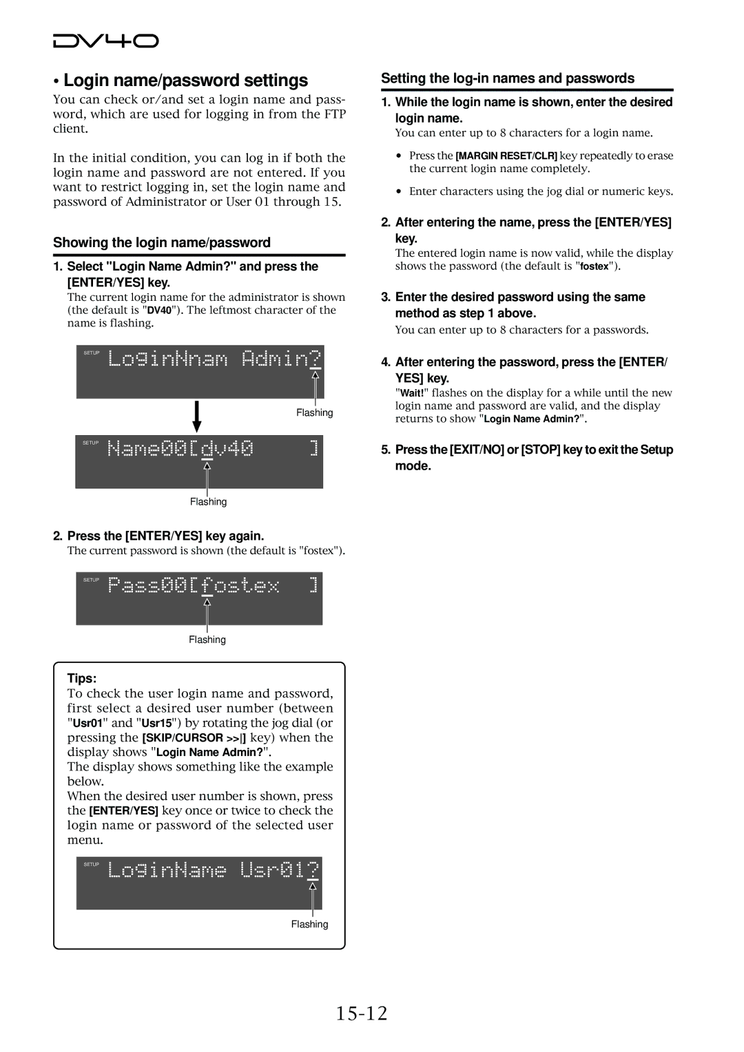Fostex DV40 Login name/password settings, 15-12, Showing the login name/password, Setting the log-in names and passwords 