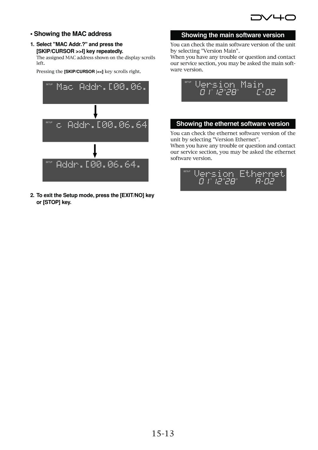 Fostex DV40 manual 15-13, Showing the MAC address 