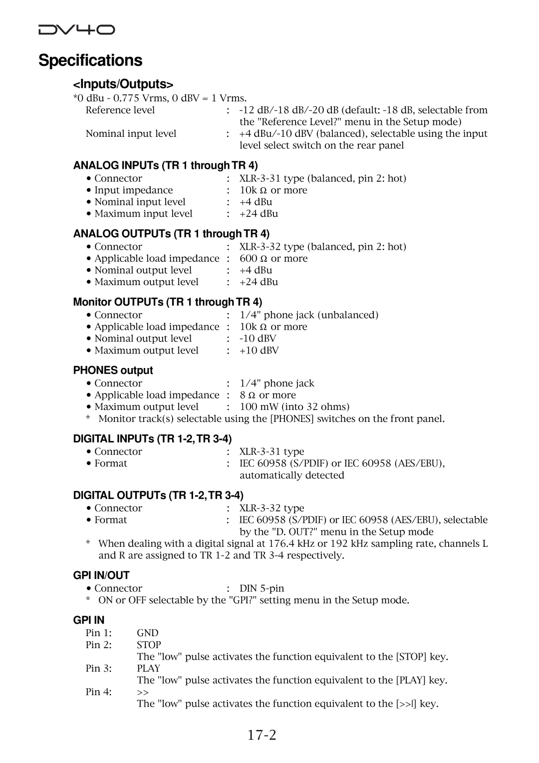 Fostex DV40 manual Specifications, Inputs/Outputs, 17-2 