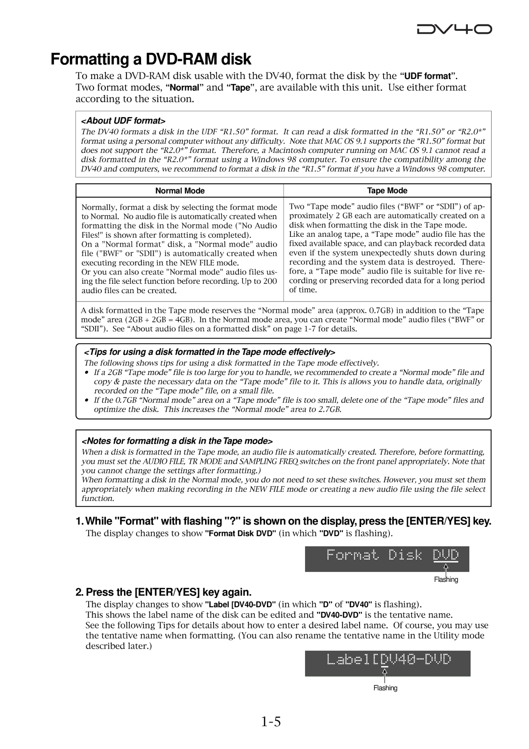 Fostex DV40 manual Formatting a DVD-RAM disk, Press the ENTER/YES key again, Normal Mode Tape Mode 