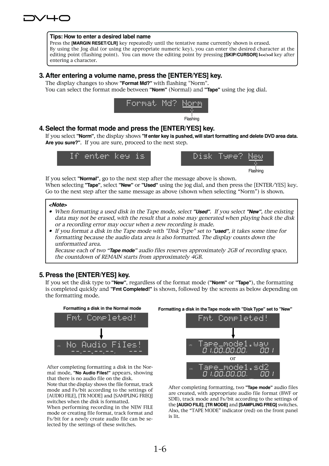 Fostex DV40 After entering a volume name, press the ENTER/YES key, Select the format mode and press the ENTER/YES key 