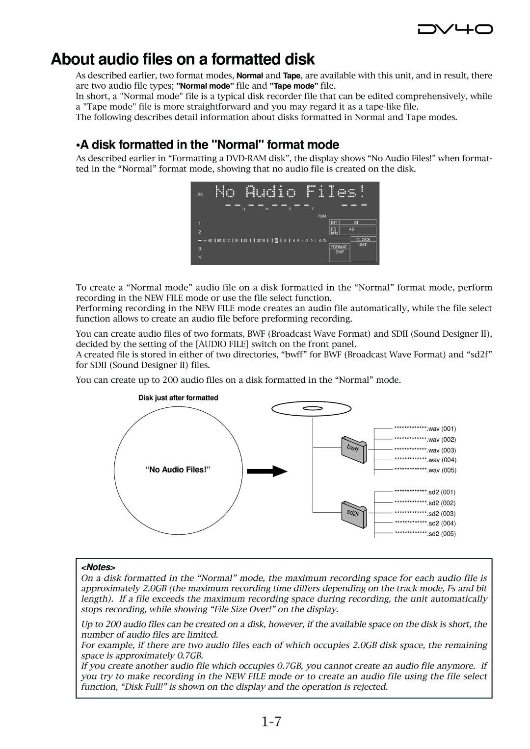 Fostex DV40 manual About audio files on a formatted disk, Disk formatted in the Normal format mode, No Audio Files 