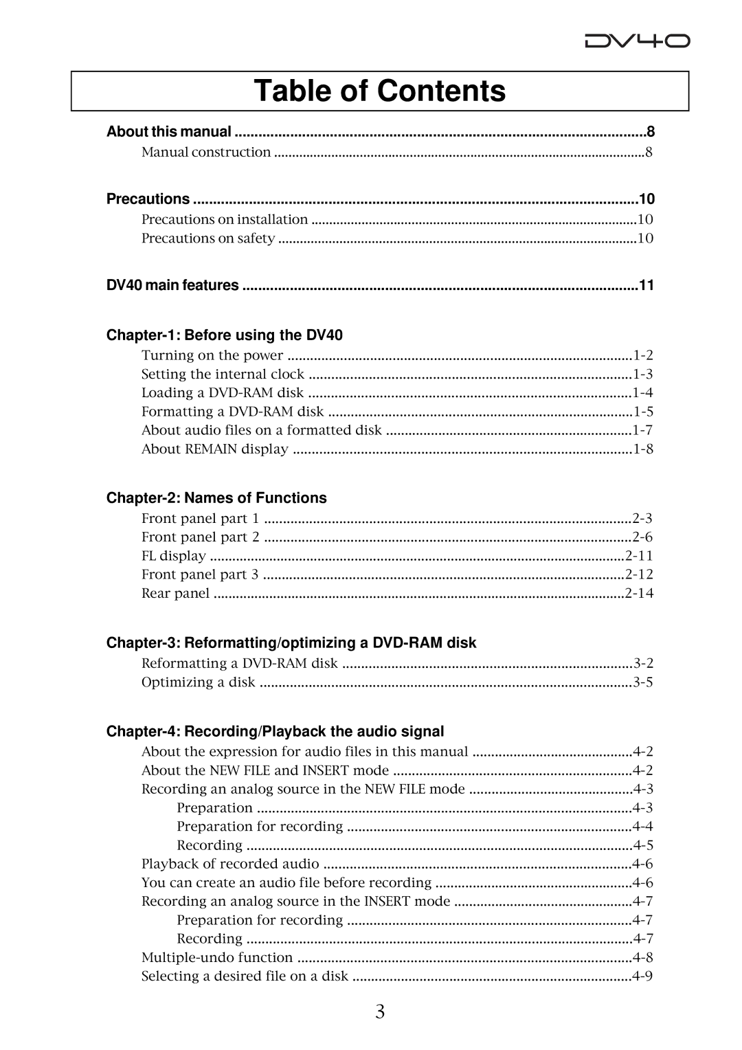 Fostex DV40 manual Table of Contents 