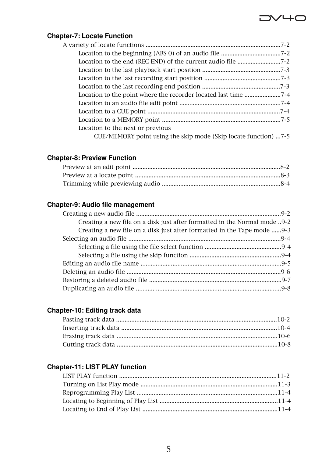 Fostex DV40 manual Locate Function, Preview Function, Audio file management, Editing track data, List Play function 