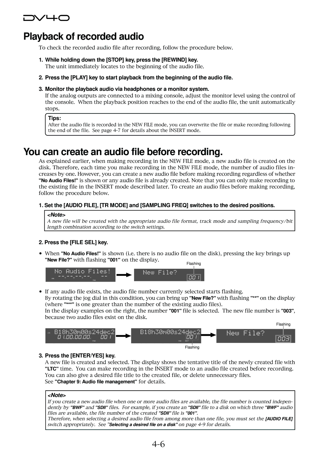 Fostex DV40 manual Playback of recorded audio, You can create an audio file before recording, Press the File SEL key 