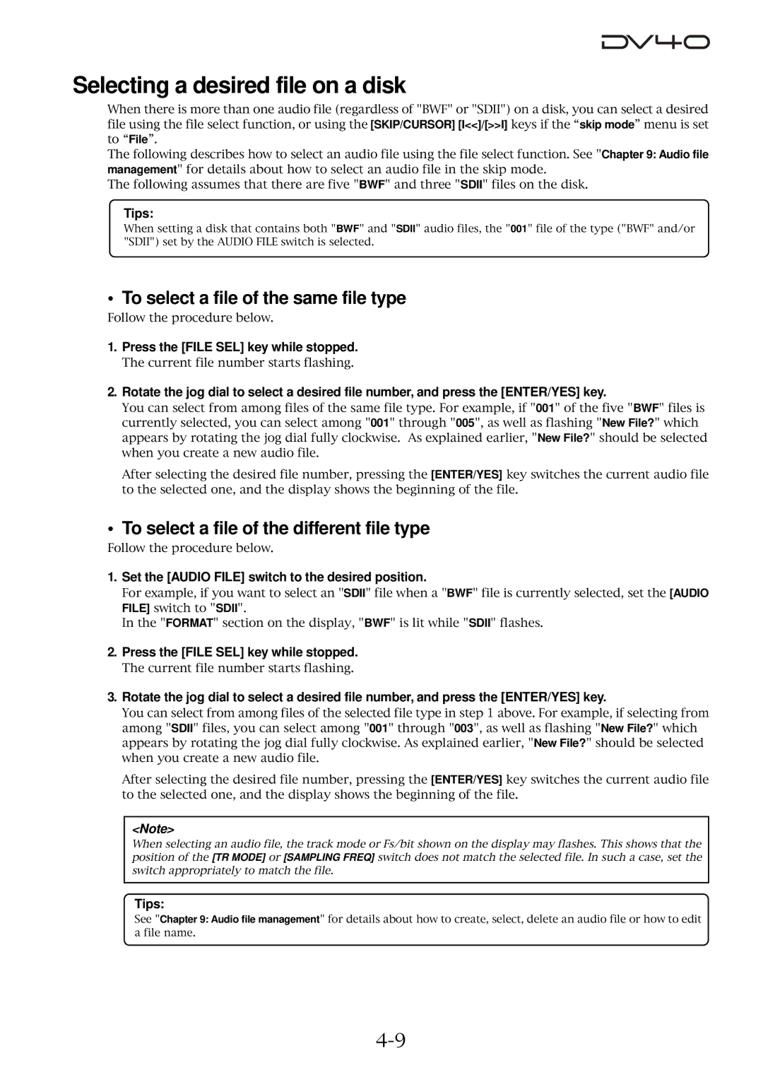 Fostex DV40 manual Selecting a desired file on a disk, To select a file of the same file type 