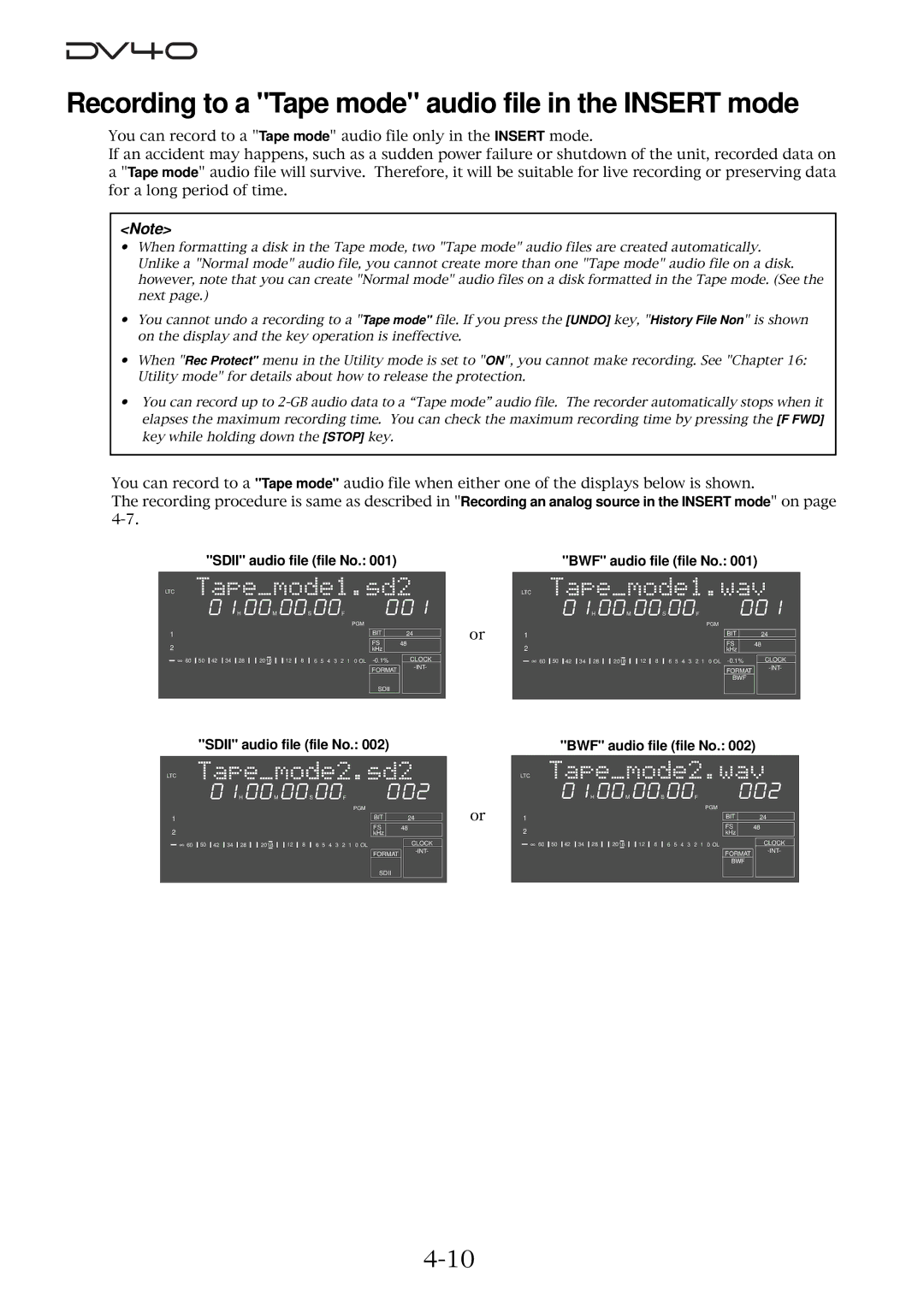 Fostex DV40 manual Recording to a Tape mode audio file in the Insert mode, Sdii audio file file No, BWF audio file file No 