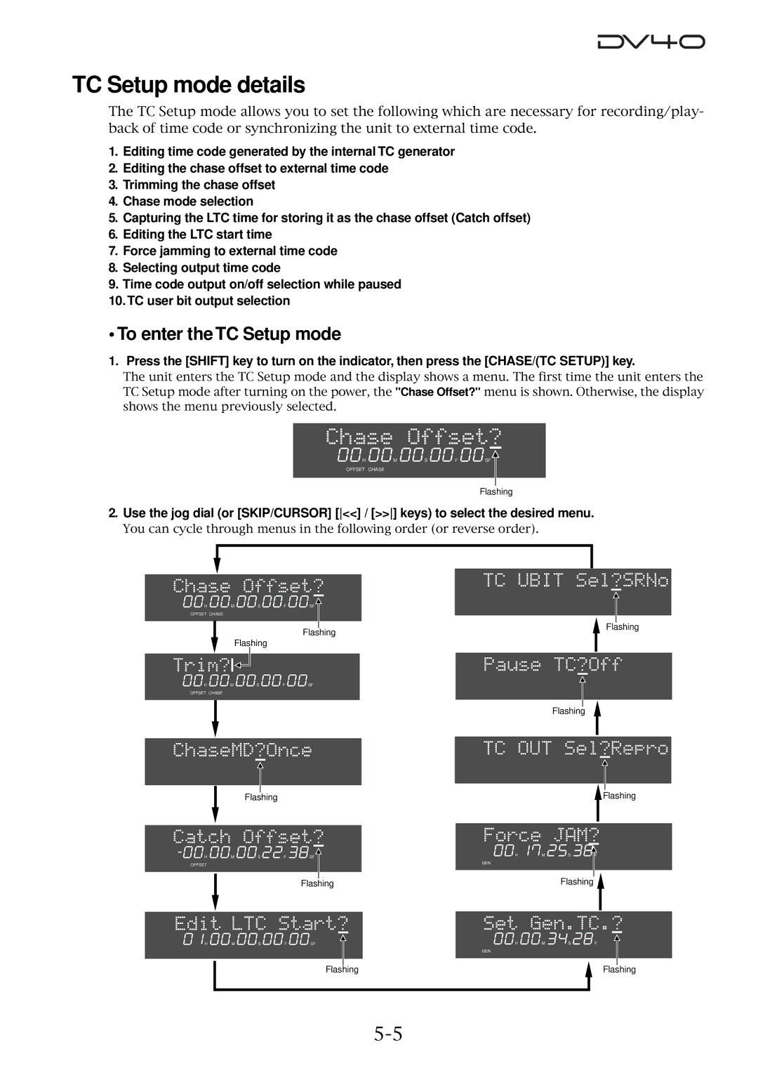 Fostex DV40 manual TC Setup mode details, To enter the TC Setup mode 