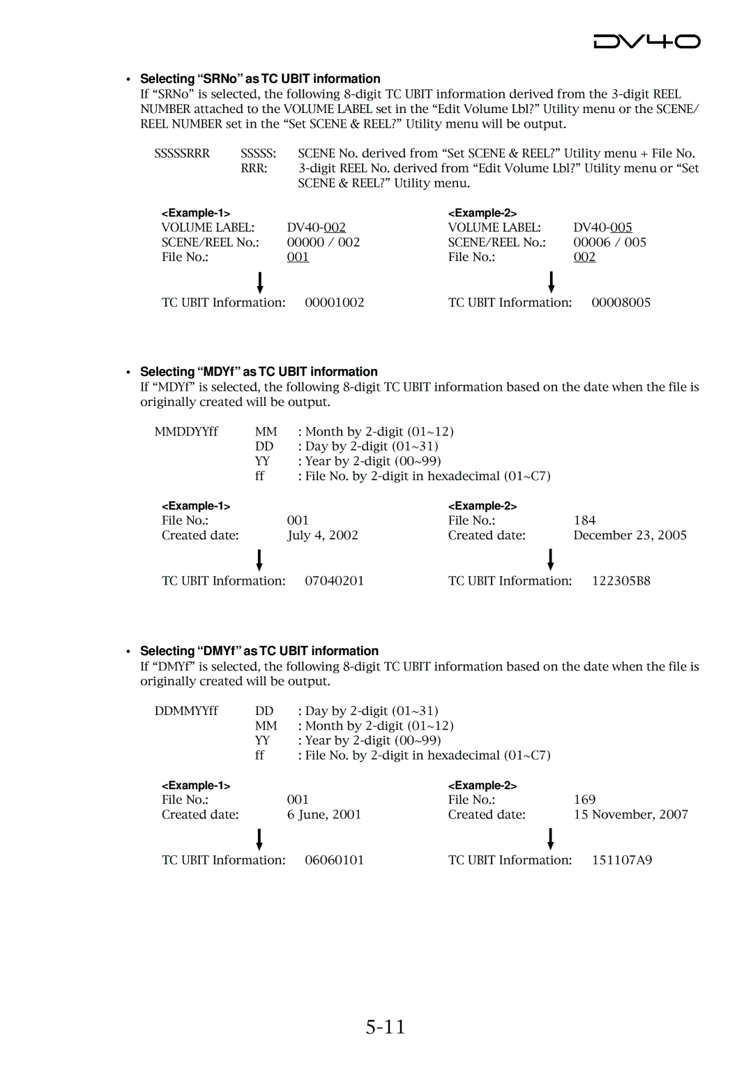 Fostex DV40 manual Selecting SRNo as TC Ubit information, Selecting MDYf as TC Ubit information, Example-1 Example-2 