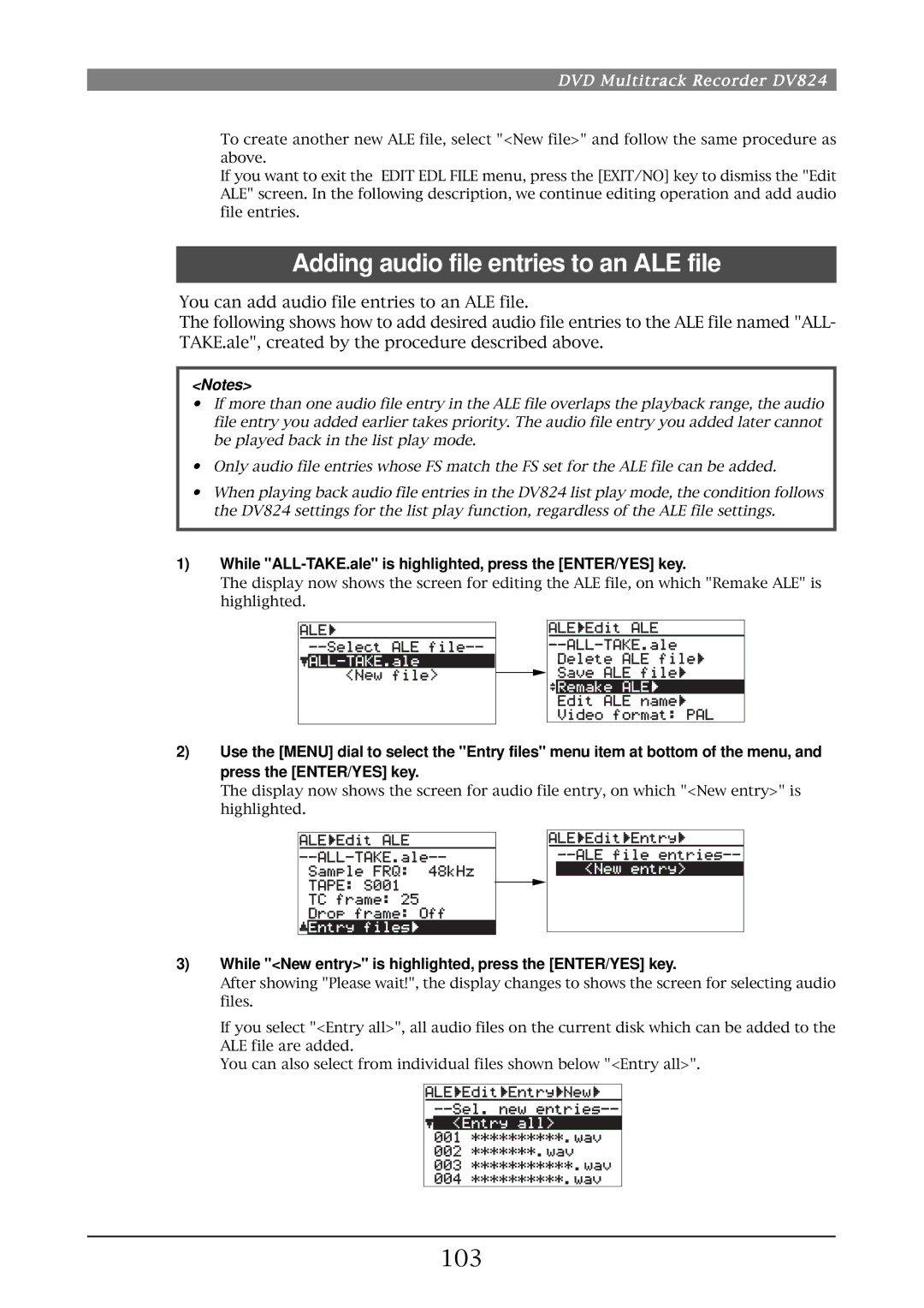 Fostex DV824 Adding audio file entries to an ALE file, 103, While ALL-TAKE.ale is highlighted, press the ENTER/YES key 