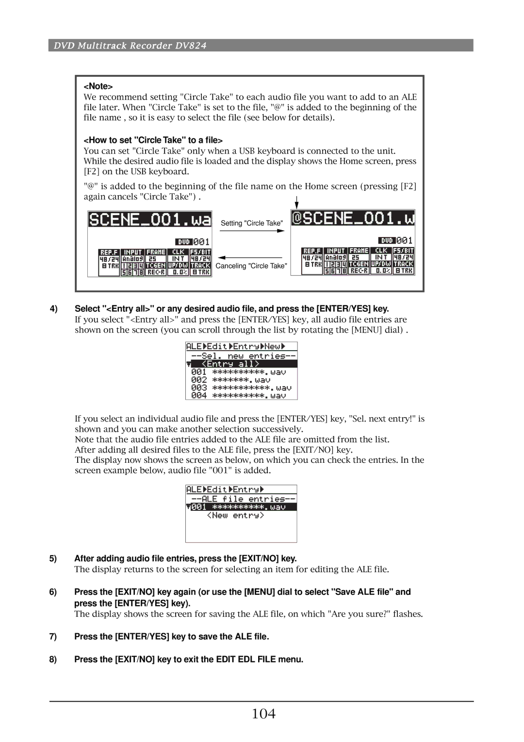 Fostex DV824 owner manual 104, How to set Circle Take to a file, After adding audio file entries, press the EXIT/NO key 