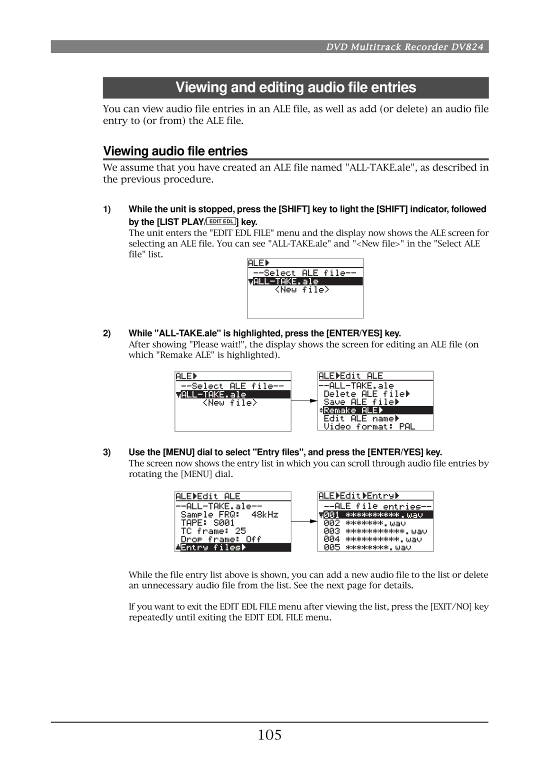 Fostex DV824 owner manual Viewing and editing audio file entries, Viewing audio file entries, 105 