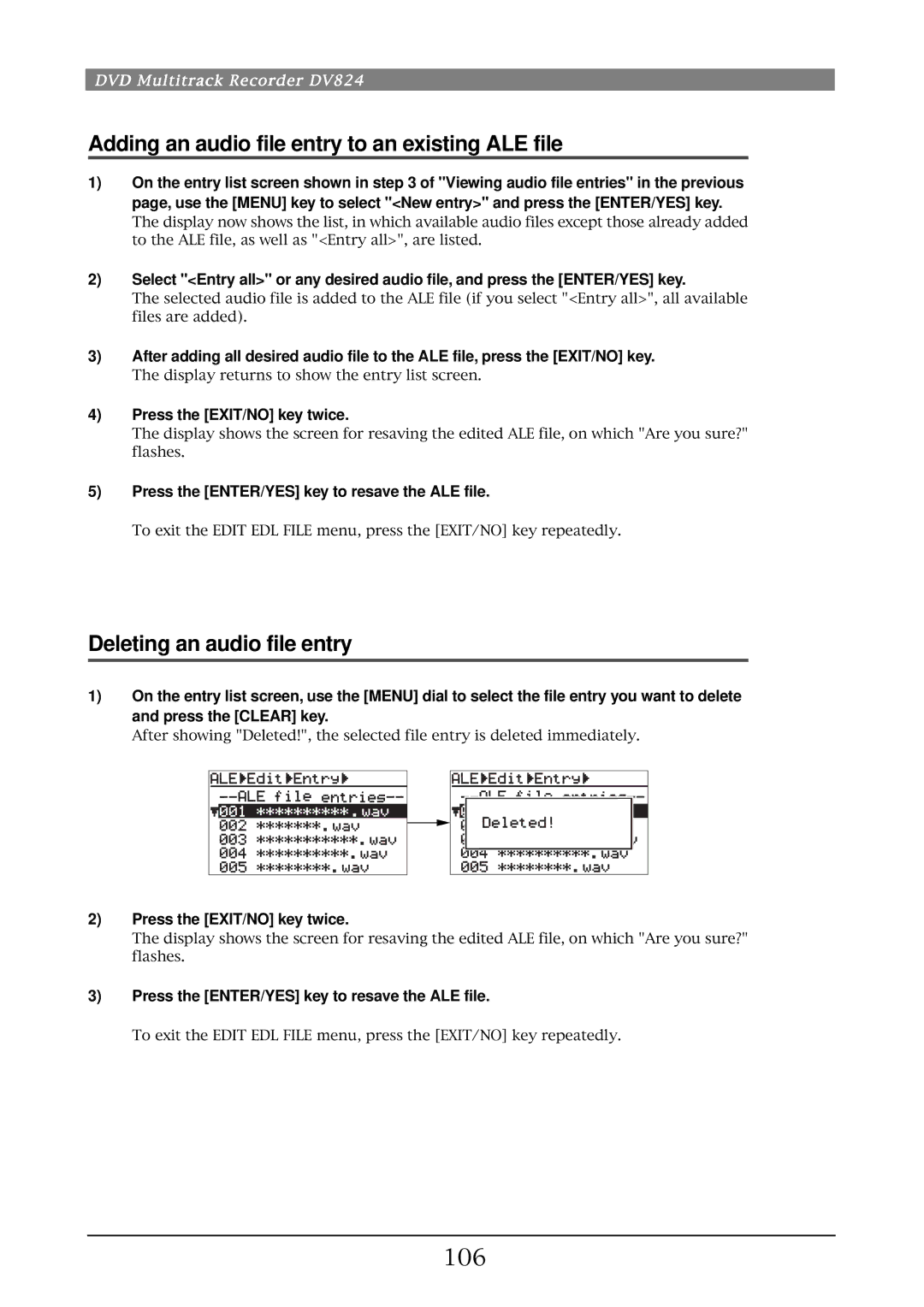 Fostex DV824 owner manual Adding an audio file entry to an existing ALE file, Deleting an audio file entry, 106 