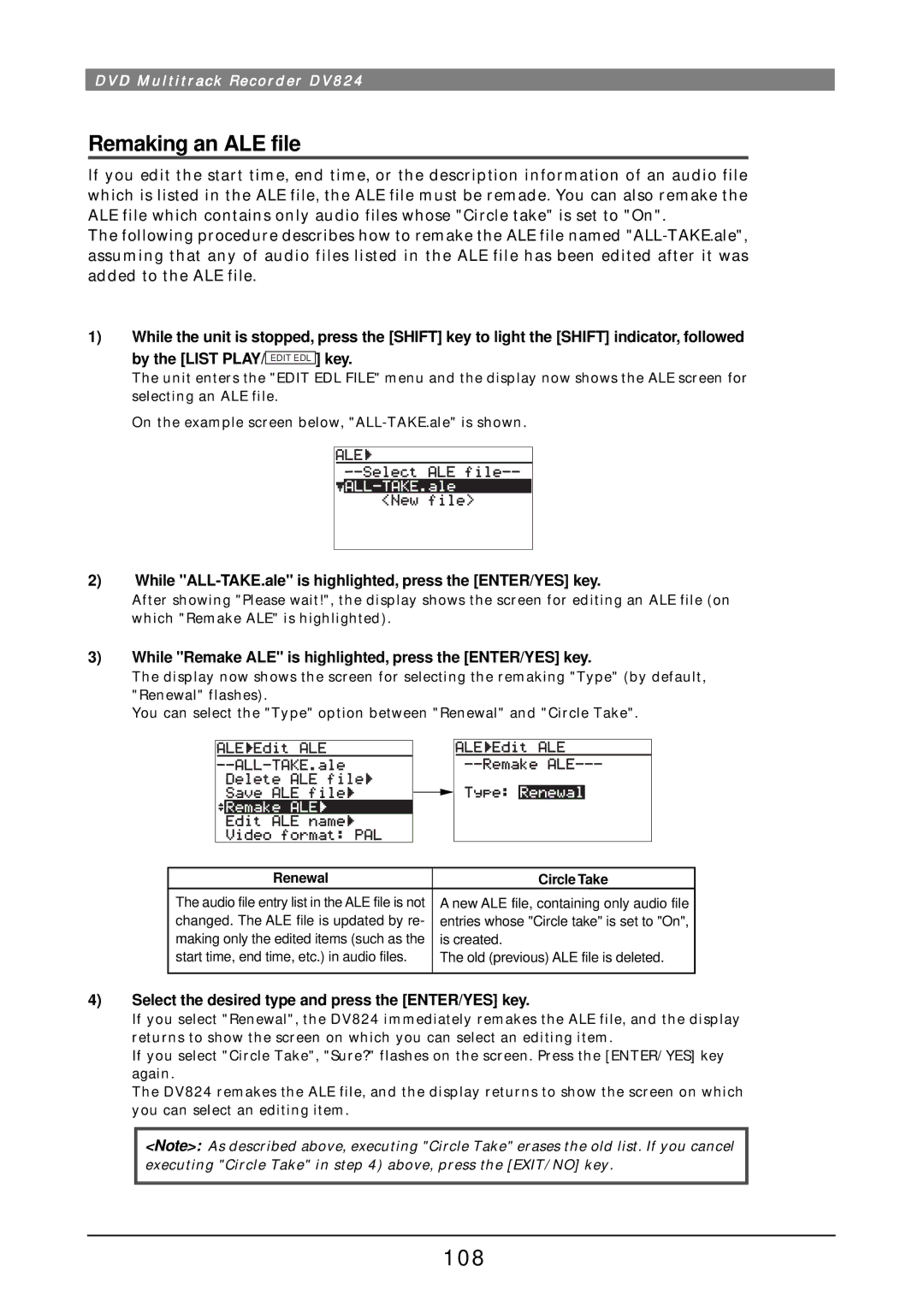Fostex DV824 Remaking an ALE file, 108, While Remake ALE is highlighted, press the ENTER/YES key, Renewal Circle Take 