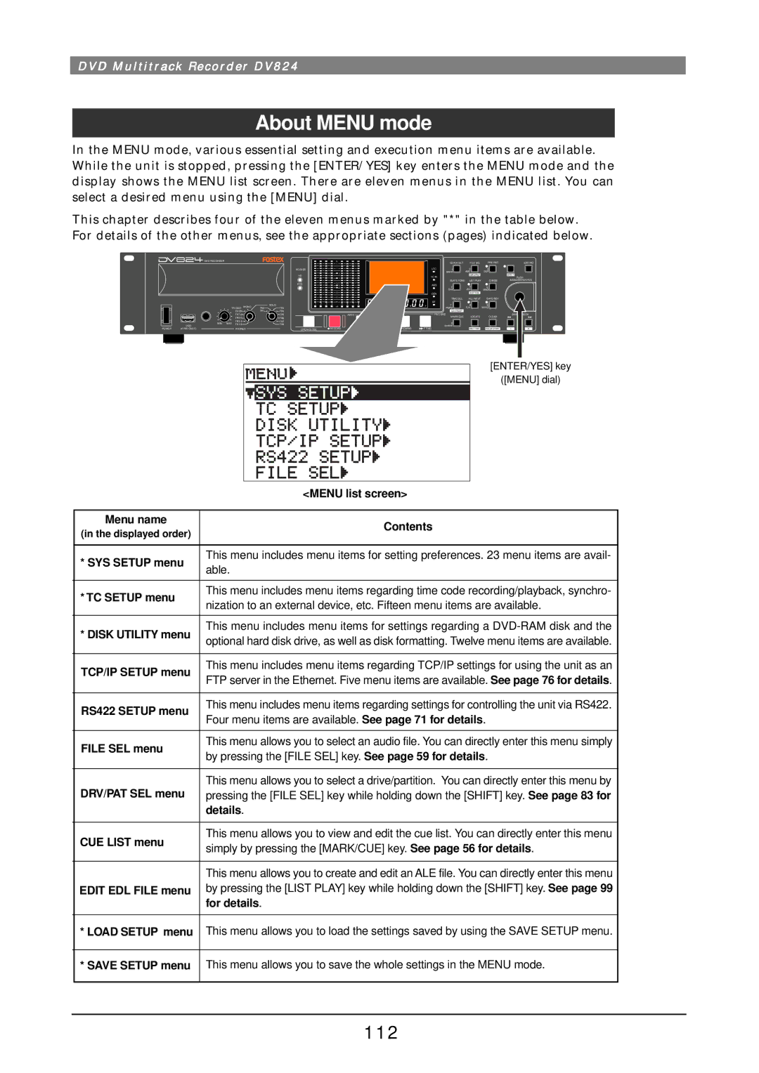 Fostex DV824 owner manual About Menu mode, 112 