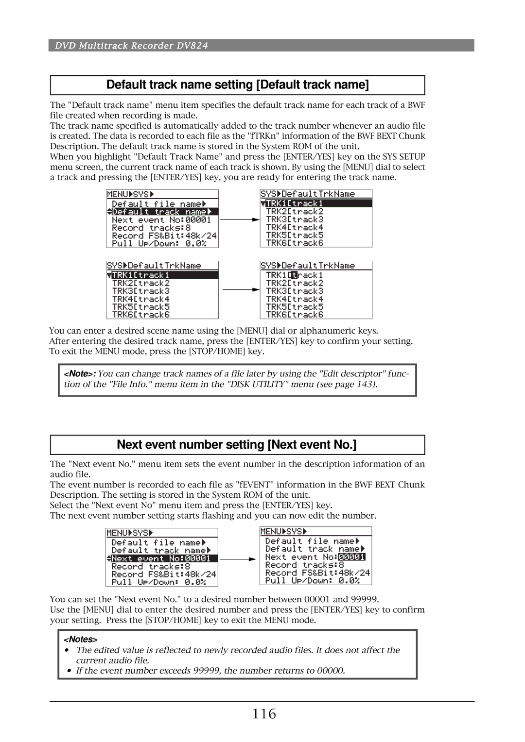 Fostex DV824 owner manual Default track name setting Default track name, Next event number setting Next event No, 116 