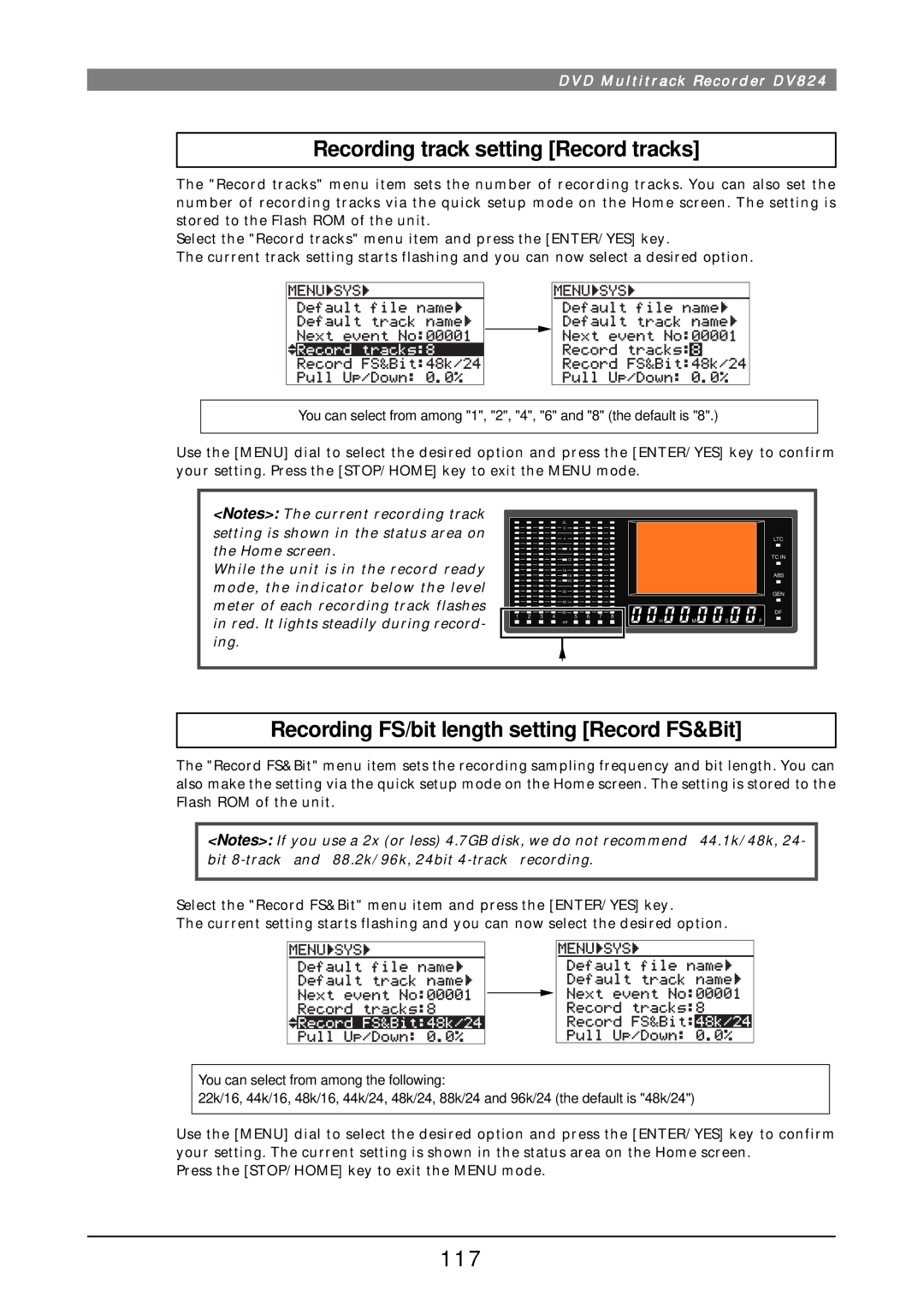 Fostex DV824 owner manual Recording track setting Record tracks, Recording FS/bit length setting Record FS&Bit, 117 