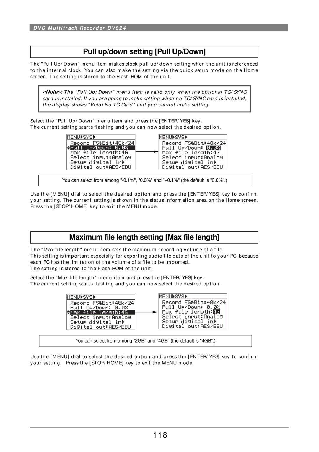 Fostex DV824 owner manual Pull up/down setting Pull Up/Down, Maximum file length setting Max file length, 118 